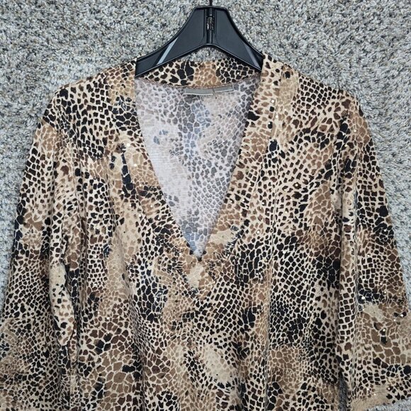 Chicos Top Womens 2 US Large Brown Animal Print V Neck Sequin Stretch Polyester - Picture 4 of 7